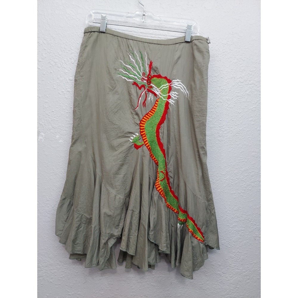 RAJ Dragon Skirt Women One Size Olive Green Embroidered Flowy Goho Gothic Cotton